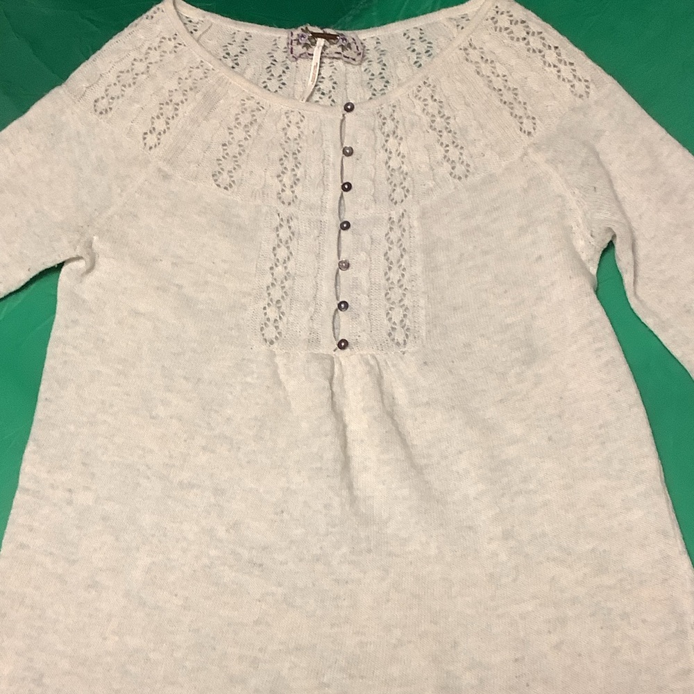 Free People Light Gray Knit Sweater with Button Accents